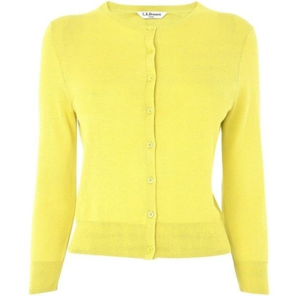 L.K. BENNETT LONDON BIBI CARDIGAN SWEATER 3/4 SLEEVES SILK BLEND CITRUS YELLOW M